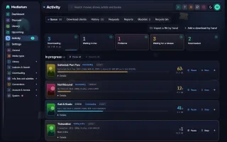 Activity page showing downloads in progress and queue