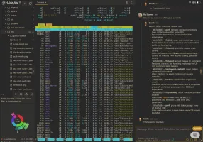 Gruvbox-themed terminal with git log and workspace tree