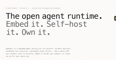 Opengeni web app showing an agent session with chat, tool calls, and approvals