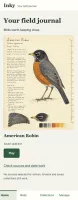 Browser journal Home view showing approved American Robin plate with Saved selection label