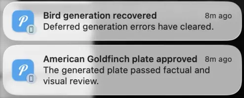 Pushover notifications for recovered generation queue and approved American Goldfinch plate