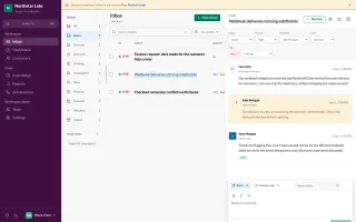 Three-pane inbox showing ticket queue, conversation thread, and customer details