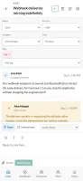 Mobile ticket view with status, priority, assignee fields, conversation, and bottom navigation