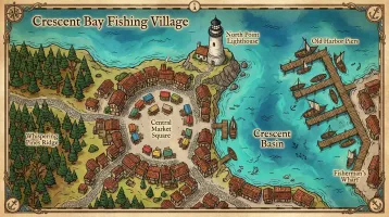 Crescent Bay Fishing Village — an original map generated in OpenFlipbook