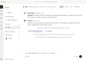 open-tag workspace screenshot showing a shared channel where an agent claims a task from a mention