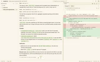 Finished session with agent summary and Git panel open on diff