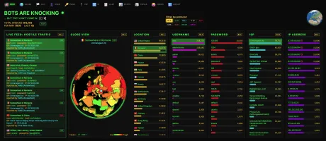 Knock-Knock desktop dashboard showing live attack feed, globe view, and statistics panels