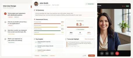Aural platform showing interview design, AI report, and video interview panels