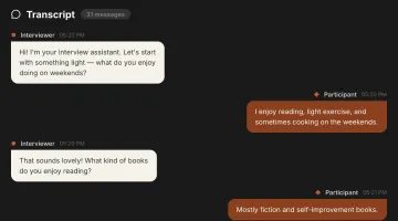 Transcript view of AI interviewer conversation with participant
