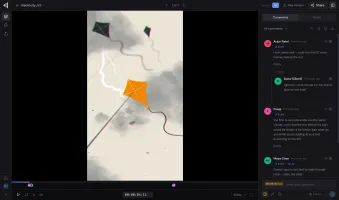 FreeFrame review player with frame-accurate timecoded comments, threads with guest replies, and timeline markers