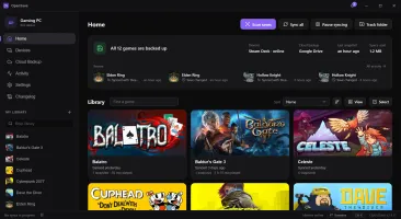 OpenSave library showing tracked games with cover art, branches, and snapshot counts