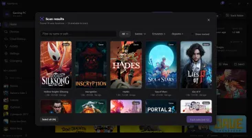 Scan results showing detected saves as a cover-art grid from Steam, emulators, GOG, Epic and repacks