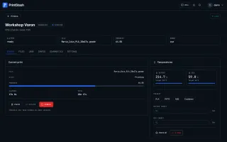 Moonraker printer showing print progress, temperatures, and controls
