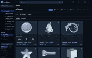 Animated demo of library, model details, revisions, and printer workflow