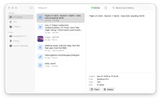 Mac app history window showing clipboard items from multiple devices
