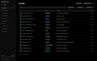 MillionSend dashboard Emails page showing each send's delivery status