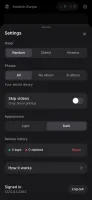 Settings screen with order, album filter, skip videos, appearance options