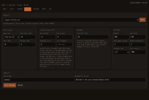 Match tab with presets, game rules, player slots, mutators, server identity