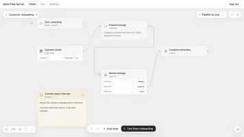 Customer onboarding workflow in Open Flow Workbench with explicit customer data, JavaScript, approval, and a subflow