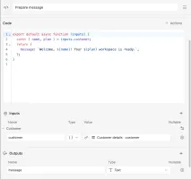 Code Task property panel showing JavaScript, a customer input source, and a typed message output