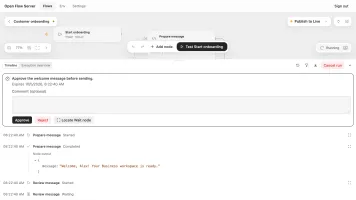 Onboarding test run paused for human approval in the Open Flow Workbench