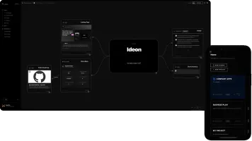 Overview of an Ideon workspace: blocks for notes, repos and tasks laid out on the canvas