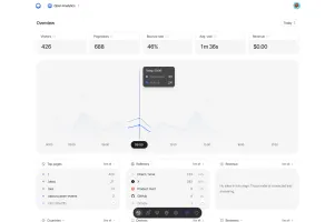 Overview screen: visitors, pageviews, bounce rate, average visit duration and revenue across a day