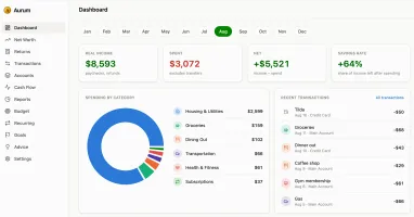 Aurum dashboard showing real income, spending, savings rate, spending by category, and recent transactions