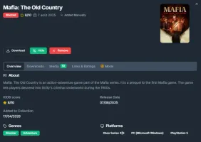 Game details page with metadata, ratings, and download options