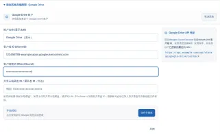 Google Drive configuration form with client ID, secret, and optional shared drive ID