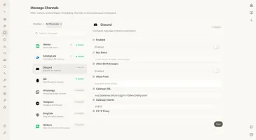 Messaging channel settings for WeChat, Feishu, QQ, etc.