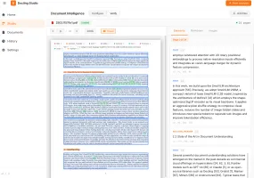 Docling Studio execution result showing PDF viewer with bounding boxes and results panel