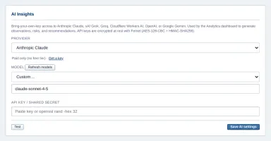AI Insights configuration screen showing eight supported providers including Claude and Grok