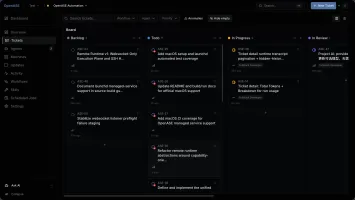 OpenASE active project board showing live execution across ticket statuses