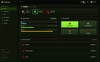 Minepanel dashboard showing server counts, system health and quick actions