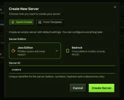 Create New Server dialog with Quick Create or From Template options