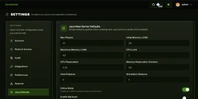 Settings → Java Defaults for players, memory, CPU, view distance, online mode and backups