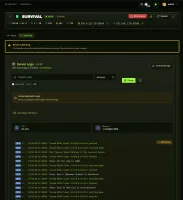 Logs tab with live log stream, error detection and container CPU/memory