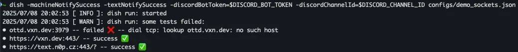 Dish running in terminal showing check results