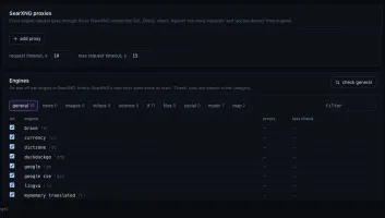 Search settings page with SearXNG engines, proxies, and adapter configuration