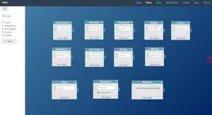 Data source blocks on canvas: Feed, Downloads, Webhooks, and service-specific blocks