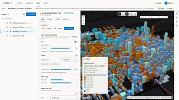 GeoLens map builder rendering Manhattan's buildings extruded to true height and colored by construction era