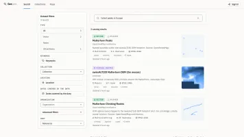 GeoLens catalog search page showing semantic search results for 'tallest peaks in Europe' with filter sidebar