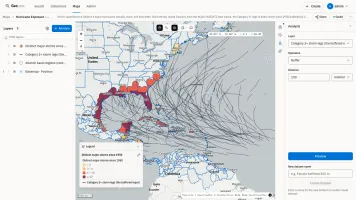 GeoLens map builder with Analysis panel open showing a Buffer operation on storm-track layer