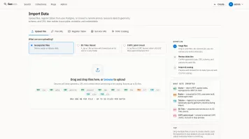 GeoLens Import Data page with tabs for file upload, file URL, registered table, service URL, and STAC catalog