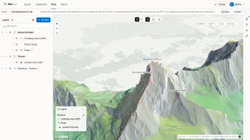 GeoLens map builder rendering Matterhorn as 3D terrain from swissALTI3D COG tiles served via TiTiler