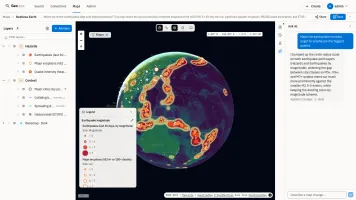GeoLens Ask AI panel showing a plain-language request to enlarge earthquake markers on the map
