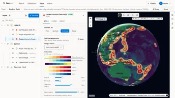 GeoLens map builder with Restless Earth map showing earthquake heatmap along Pacific plate boundaries