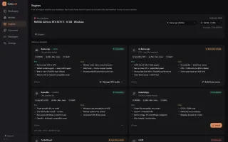 Engines screen in dark mode with hardware-fit marks