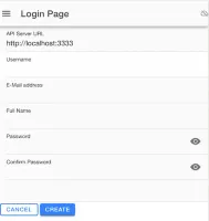 Create account screen with username, email, full name, and password fields